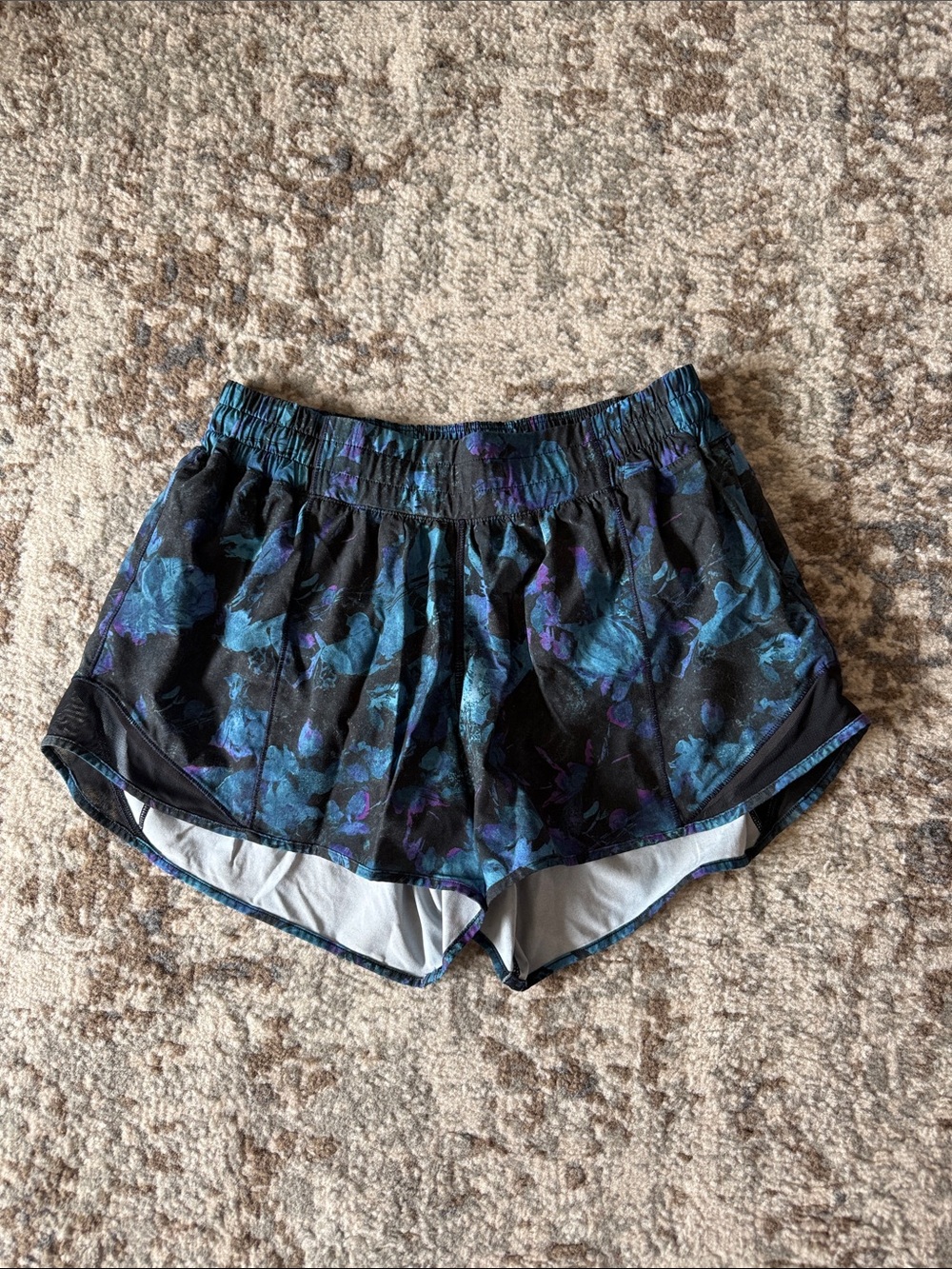 lululemon athletica Black Floral Running Shorts with Blue and Purple Accents